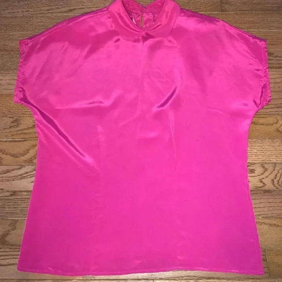Vintage Fuschia Hot Barbie Pink Short Sleeve Satin Like Dressy Blouse Size Small - Picture 10 of 10